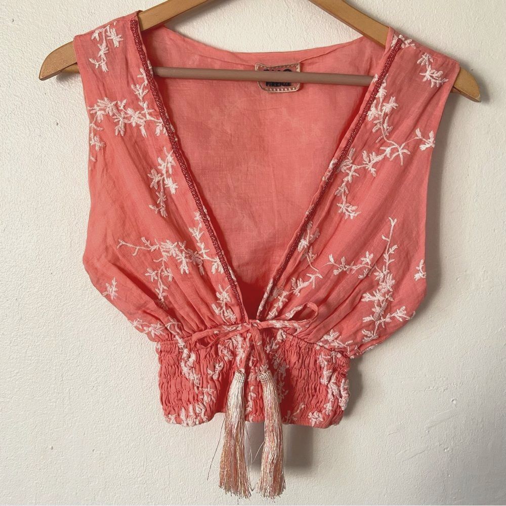 Pho Firenze Coral Embroidered Tassel Crop Top